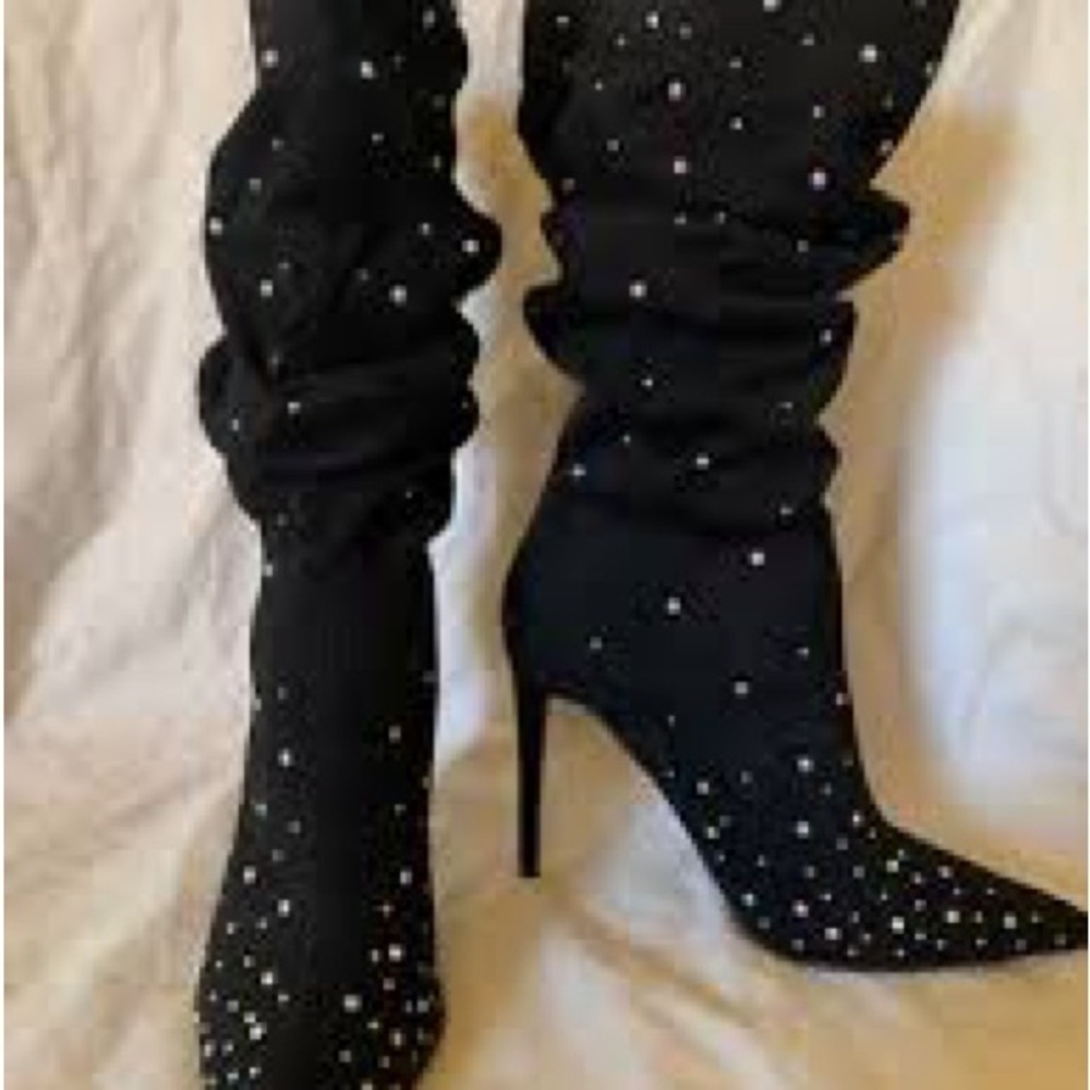 Rhinestone decor, slouch Elegant Black Studded Women's Boots - Picture 2 of 8